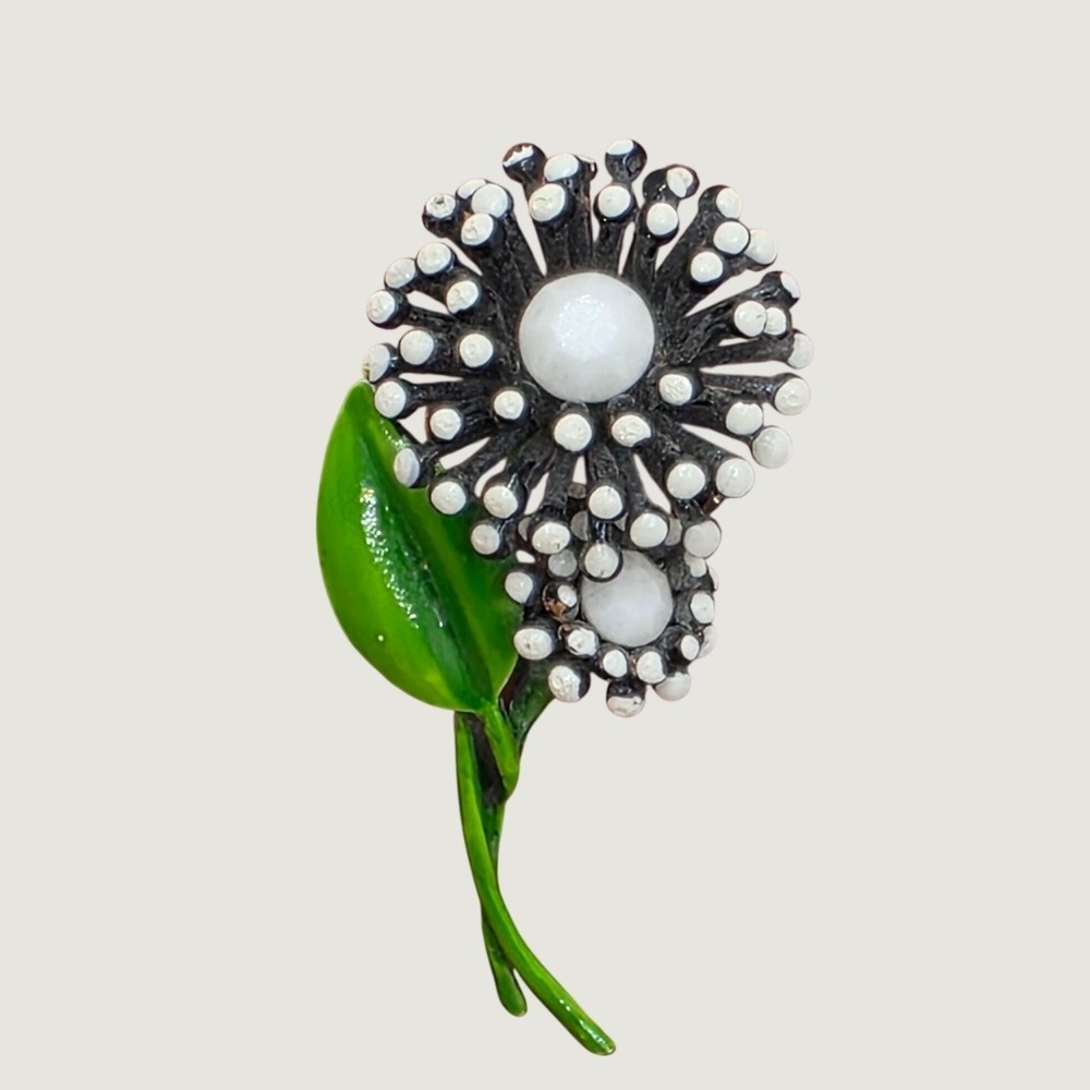 Vintage Enamel Flower Brooch Black White Polka Dot Dimensional 60s Mod Pop Art